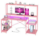 Bestier 71.5 inch Gaming Desk with LED Lights & Power Outlet, L Shaped Computer Desk with Hutch & Adjustable Shelves, Pink 3D