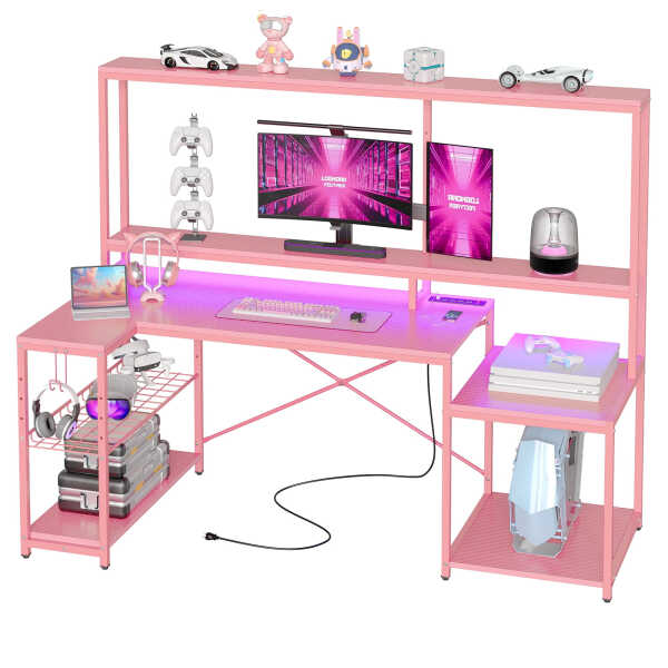 Bestier 71.5 inch Gaming Desk with LED Lights & Power Outlet, L Shaped Computer Desk with Hutch & Adjustable Shelves, Pink 3D