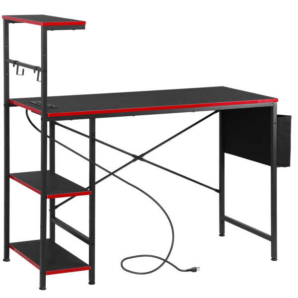 ZENY Gaming Desk with Power Outlets, 44 Inch LED Computer Desk with Side Storage Bag for Bedroom Home Office Black