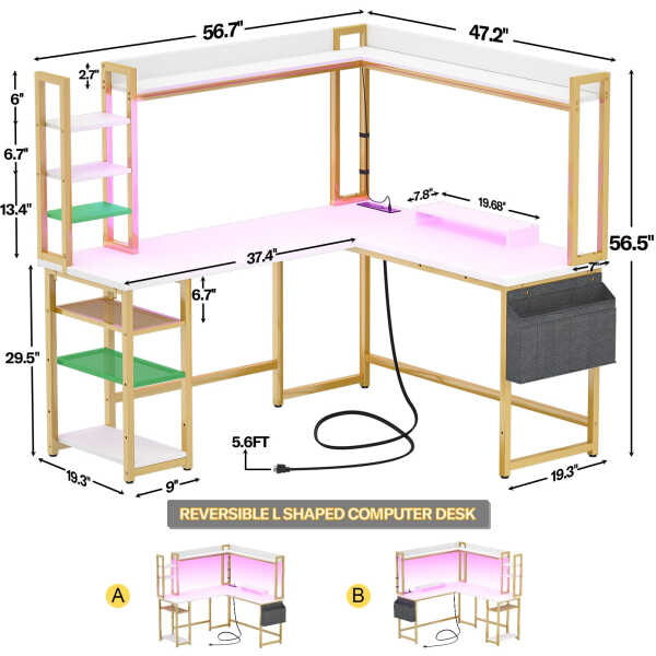 Homieasy L Shaped Desk with Power Outlet and LED lights, Reversible Corner Computer Desk with Hutch and Storage Shelf, Ergonomic