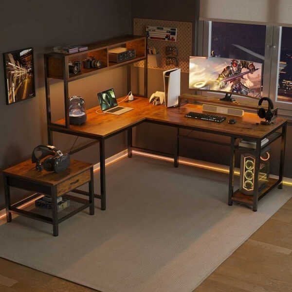 CHITOOMA 67 Inch Reversible L-Shaped Computer Desk Gaming Desk with Power Outlets,USB Ports,LED Strip,Storage Shelves & Monitor
