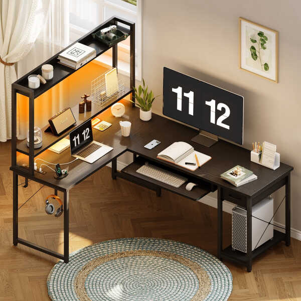 59" Reversible L-Shaped Gaming Desk with Power Outlets & LED Lights, Office Desk with Storage Drawer & Keyboard Tray for Home