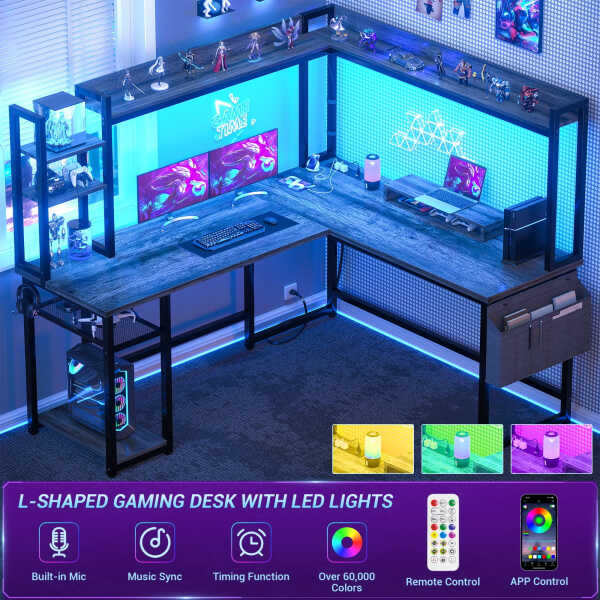 Homieasy L Shaped Desk with Power Outlet and LED lights, Reversible Corner Computer Desk with Hutch and Storage Shelf, Ergonomic