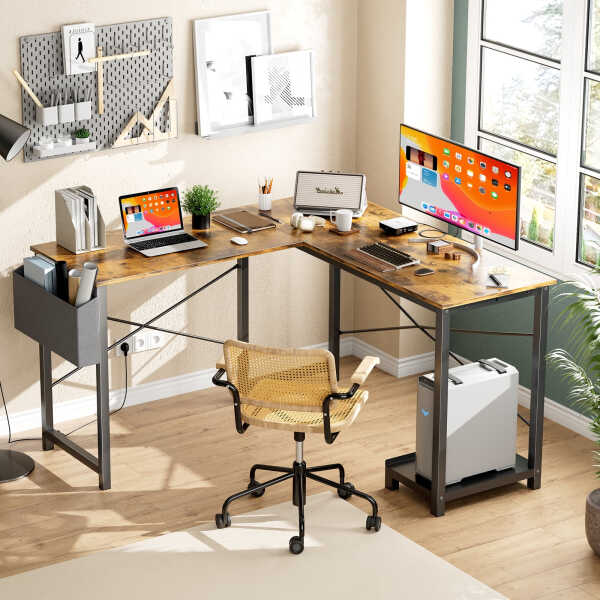 CONCETTA 49 Inch Modern L Shaped Computer Desk with Lower Storage Shelf & Side Bag, Two-Way Convertible Corner Gaming Table for
