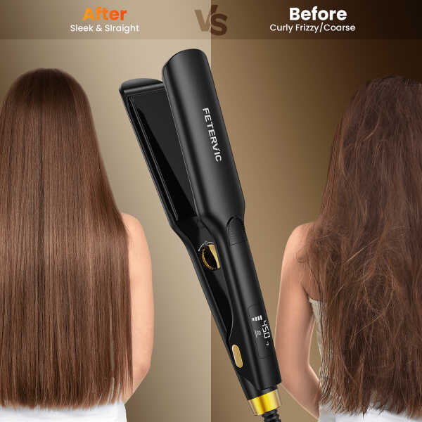 FETERVIC 1.57 Inch Ceramic Hair Straightener, Dual Voltage Flat Iron with 3D Floating Titanium Plates, LCD Display, 60-Min Auto