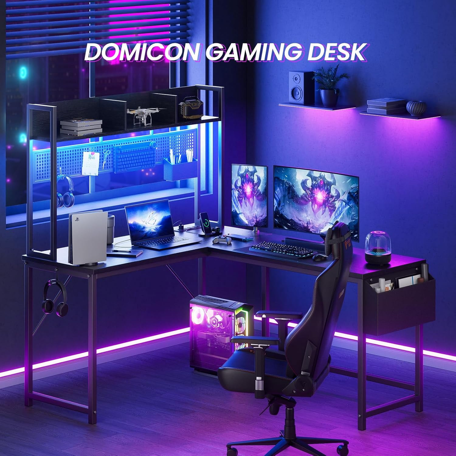 Gaming Desk Computer Desk with Storage, L Shaped Desk with Power Outlet & LED Strip, Office Desk with Pegboard, Corner Deck for