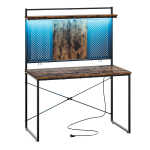 Bestier Gaming Desk with Power Outlets & LED Light, 39.3 Inch Computer Desk Office Table with Storage Shelves Pegboard, Rustic