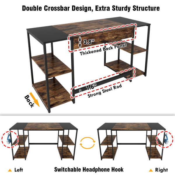 Bestier 55 Inches Computer Desk PC Laptop Table with 4 Storage Shelves in Rustic Brown