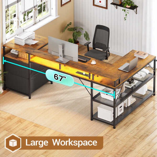 67" L Shaped Desk with Drawers, Computer Office Desk with Storage Shelves & Power Outlet, Reversible Gaming Desk with LED Lights
