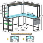 Homieasy L Shaped Desk with Power Outlet and LED lights, Reversible Corner Computer Desk with Hutch and Storage Shelf, Ergonomic