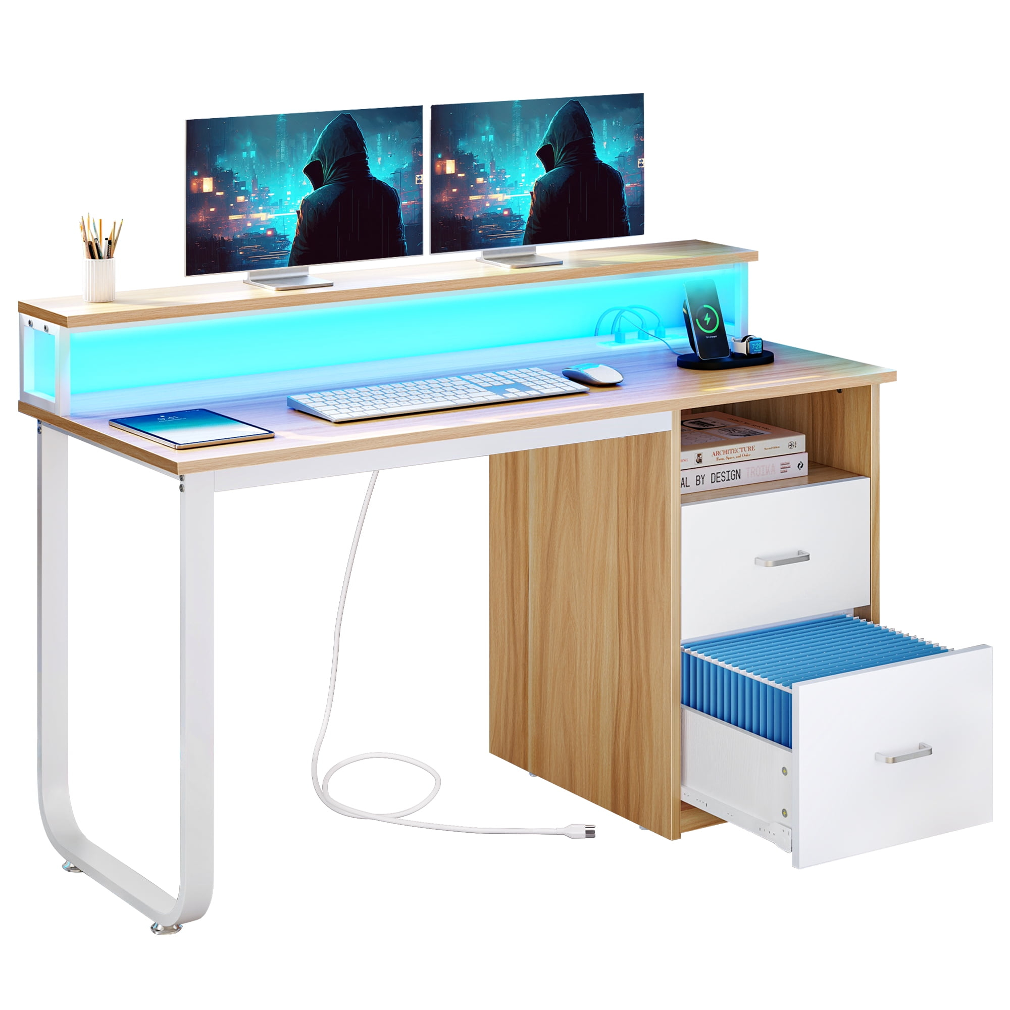 Dextrus 47 inch Computer Desk with Storage Drawers & LED Light, Office Desk with Monitor Stand & Power Outlets, Work Study PC