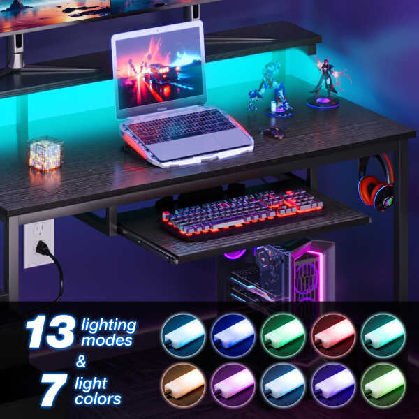 55 Inch Reversible Gaming Desk with Power Outlets and LED Light, Office Desk with File Cabinet & Drawer, Computer Desk with