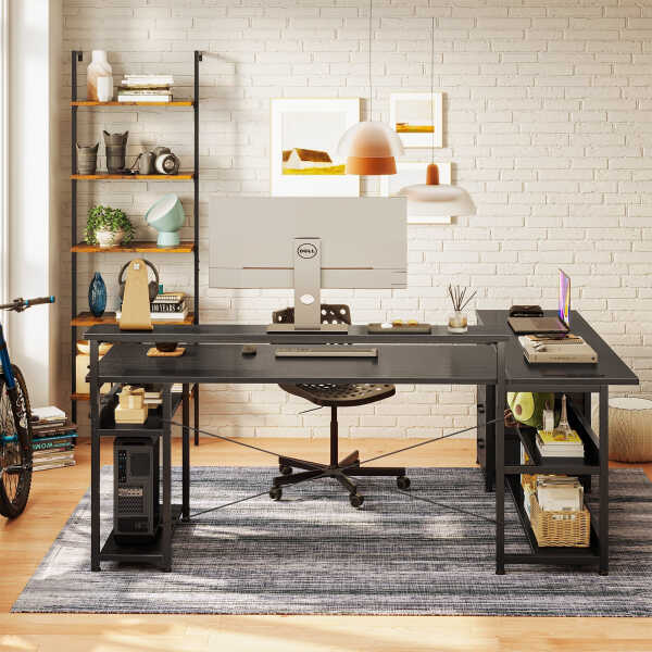 KKL 61 inch L Shaped Gaming Desk with 4 Drawers & Power Outlets, Home Office Desk with Adjustable Heights Monitor Stand &