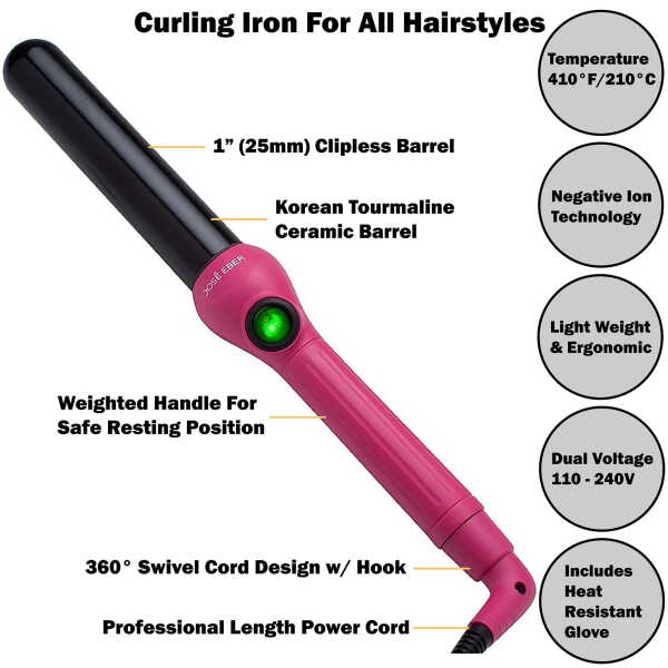Jose Eber: Clipless Curling Iron 1" (25mm) - Pink - Professional Tourmaline Ceramic Barrel, Wand Styling Tool, Ion Technology,