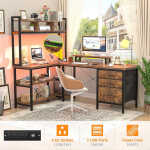 iSunirm L Shaped Gaming Desk with Storage, Computer Gaming Desk with LED Lights & Hutch, Reversible Computer Desk with Power