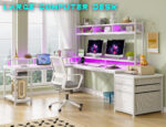 Enhomee L Shaped Desk, Gaming Desks with Power Outlet & LED Light Computer Deskwith Drawers & Storage Shelves Black