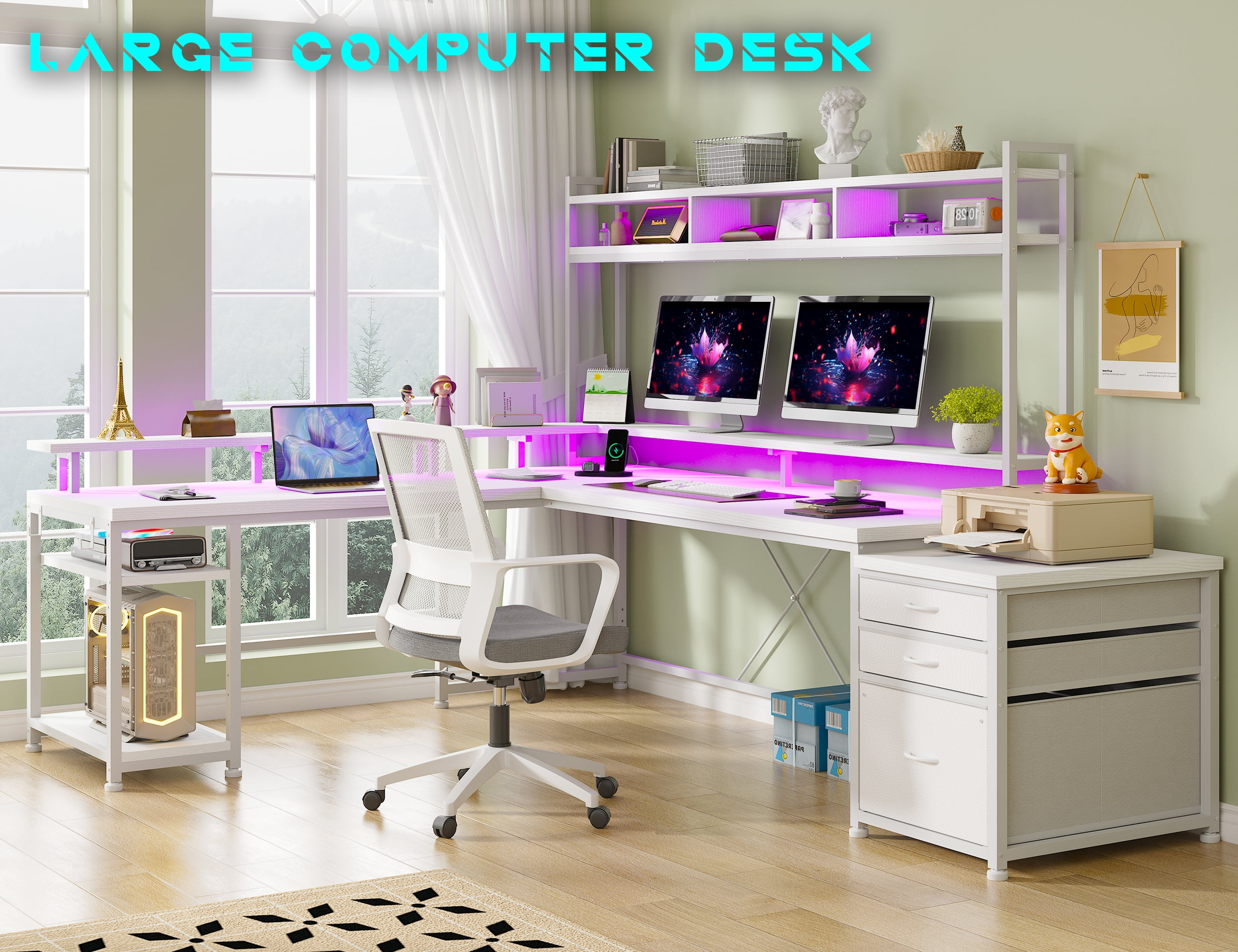 Enhomee L Shaped Desk, Gaming Desks with Power Outlet & LED Light Computer Deskwith Drawers & Storage Shelves Black
