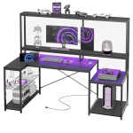 Bestier 71.5 inch Gaming Desk with LED Lights & Power Outlet, L Shaped Computer Desk with Hutch & Adjustable Shelves, Pink 3D