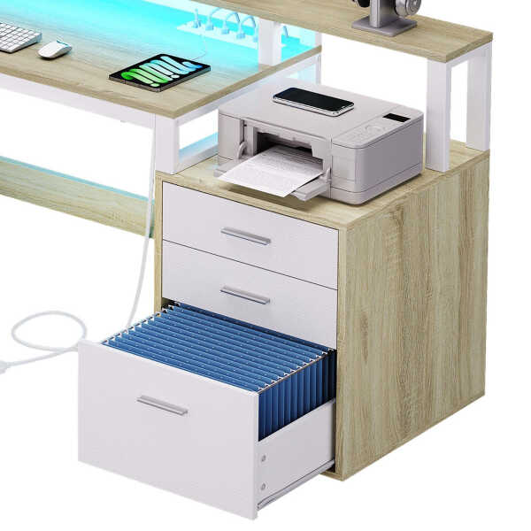 Dextrus 65" L Shaped Desk with Power Outlets and Monitor Stand , Computer Desk with LED Light &File Cabinet, Corner Desk with 3