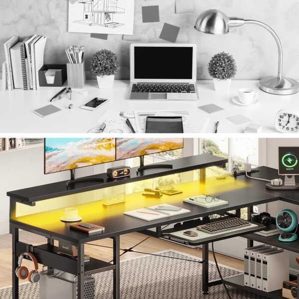 KKL 61 inch L Shaped Gaming Desk with 4 Drawers & Power Outlets, Home Office Desk with Adjustable Heights Monitor Stand &