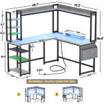 Homieasy L Shaped Desk with Power Outlet and LED lights, Reversible Corner Computer Desk with Hutch and Storage Shelf, Ergonomic
