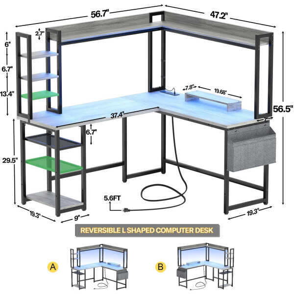 Homieasy L Shaped Desk with Power Outlet and LED lights, Reversible Corner Computer Desk with Hutch and Storage Shelf, Ergonomic