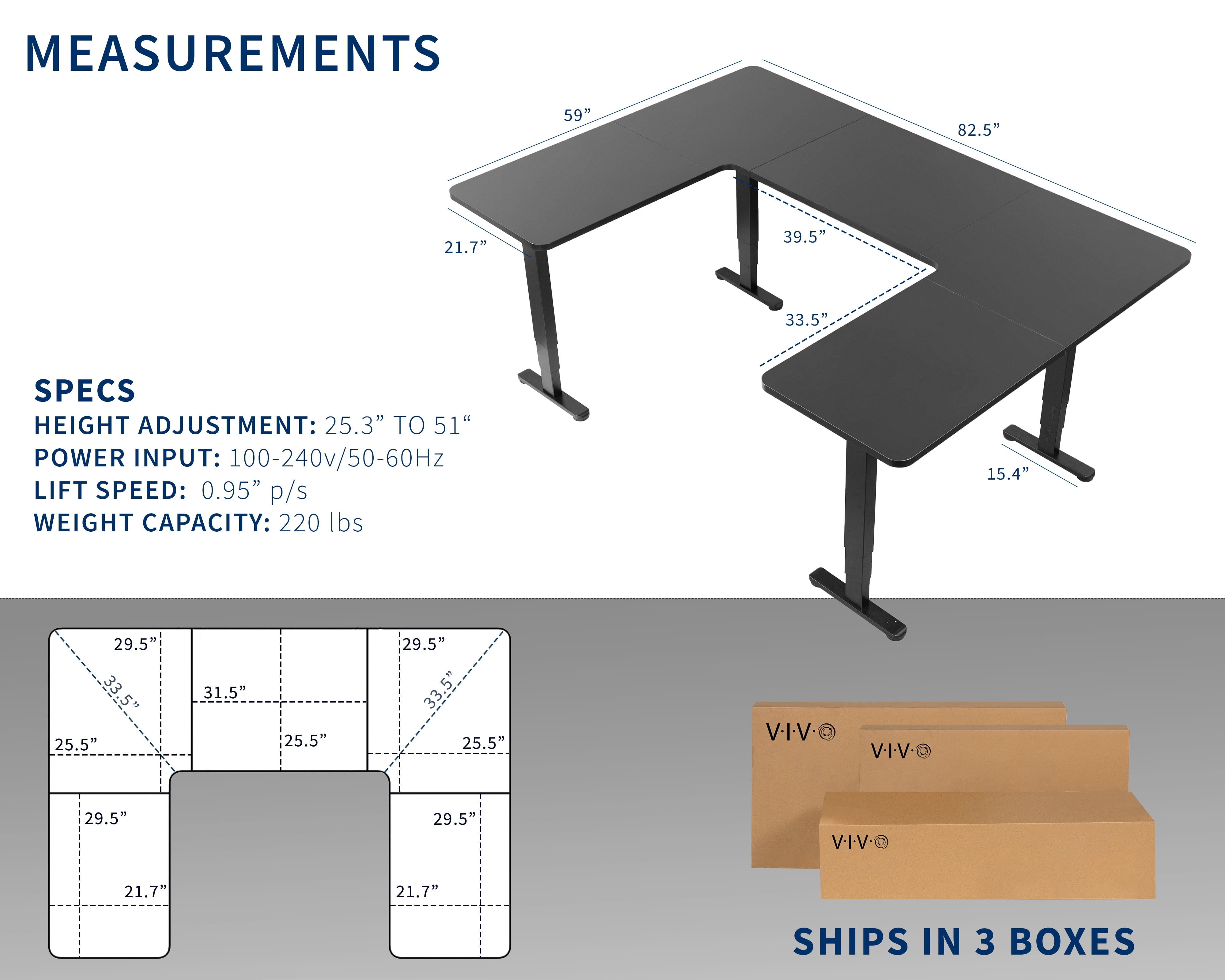 VIVO Black U-Shaped 83" x 60" Height Adjustable 4-Leg Electric Standing Desk