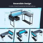 Upgo L Shaped 47" Gaming Desk with LED Lights & Adjustable Stand, Power Outlets & Storage Drawer for Adult and Teen