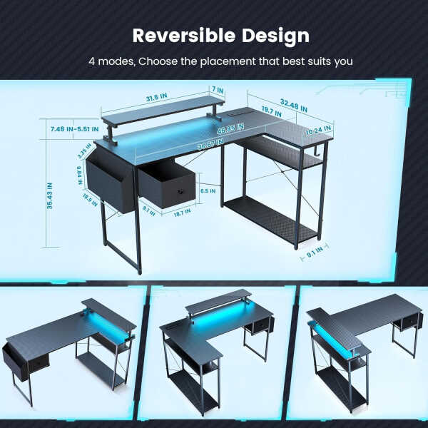 Upgo L Shaped 47" Gaming Desk with LED Lights & Adjustable Stand, Power Outlets & Storage Drawer for Adult and Teen