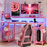 Bestier Gaming Desk with LED Light & Outlets 55" Computer Desk with Monitor Stand, Black Carbon Fiber