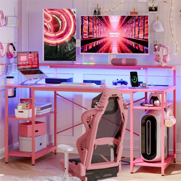 Bestier Gaming Desk with LED Light & Outlets 55" Computer Desk with Monitor Stand, Black Carbon Fiber