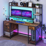 Dextrus 59.1"Computer Desk with Power Outlets & Hutch, Office Desk with Storage Shelves & Drawers with Lock, Gaming Desk with
