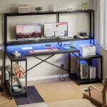 Bestier 71.5 inch Gaming Desk with LED Lights & Power Outlet, L Shaped Computer Desk with Hutch & Adjustable Shelves, Pink 3D