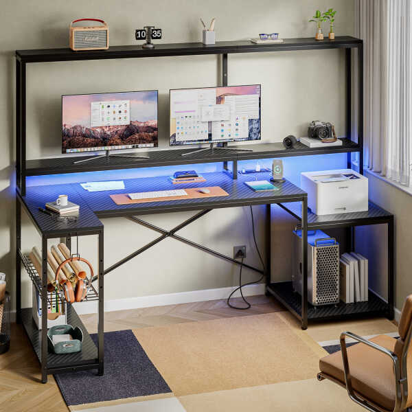 Bestier 71.5 inch Gaming Desk with LED Lights & Power Outlet, L Shaped Computer Desk with Hutch & Adjustable Shelves, Pink 3D