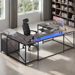 Wooflex Reversible U-Shaped Desk with Monitor Stand, Power Outlets & LED Lights, L-Shaped and Long Home Office Desk with Drawers