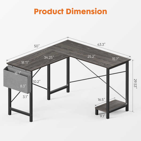 CONCETTA 49 Inch Modern L Shaped Computer Desk with Lower Storage Shelf & Side Bag, Two-Way Convertible Corner Gaming Table for