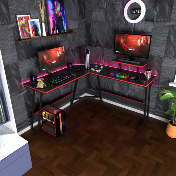 PayLessHere L Shaped Desk Corner Gaming Desk Computer Desk for Adults,Black,29"H