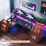 Enhomee 70.9" L Shaped Gaming Desk, Computer Desk with Power Outlet & LED Light, Home Office Desks with Drawers, Black