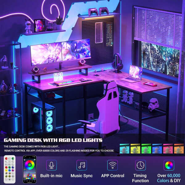 Homieasy L Shaped Computer Desk with Magic Power Outlets and Smart LED Light, Reversible 55 Inch Corner Office Desk with Monitor