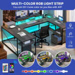 Wooflex Reversible U-Shaped Desk with Monitor Stand, Power Outlets & LED Lights, L-Shaped and Long Home Office Desk with Drawers
