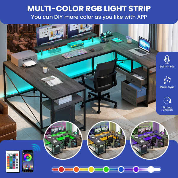 Wooflex Reversible U-Shaped Desk with Monitor Stand, Power Outlets & LED Lights, L-Shaped and Long Home Office Desk with Drawers