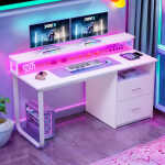 Dextrus 47 inch Computer Desk with Storage Drawers & LED Light, Office Desk with Monitor Stand & Power Outlets, Work Study PC