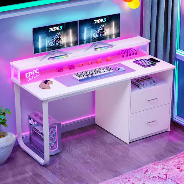 Dextrus 47 inch Computer Desk with Storage Drawers & LED Light, Office Desk with Monitor Stand & Power Outlets, Work Study PC