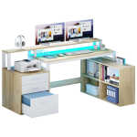 Dextrus 65" L Shaped Desk with Power Outlets and Monitor Stand , Computer Desk with LED Light &File Cabinet, Corner Desk with 3