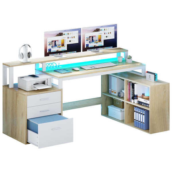 Dextrus 65" L Shaped Desk with Power Outlets and Monitor Stand , Computer Desk with LED Light &File Cabinet, Corner Desk with 3