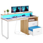 Dextrus 47 inch Computer Desk with Storage Drawers & LED Light, Office Desk with Monitor Stand & Power Outlets, Work Study PC