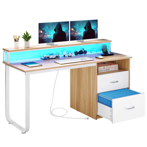 Dextrus 47 inch Computer Desk with Storage Drawers & LED Light, Office Desk with Monitor Stand & Power Outlets, Work Study PC