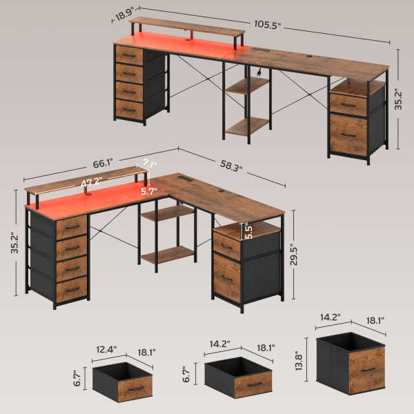 HOMCOM 66" Reversible L Shaped Desk with File Drawer, 105" Two Person Desk with Power Outlet and LED Light, Monitor Shelf and