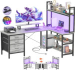 iSunirm L Shaped Gaming Desk with Storage, Computer Gaming Desk with LED Lights & Hutch, Reversible Computer Desk with Power