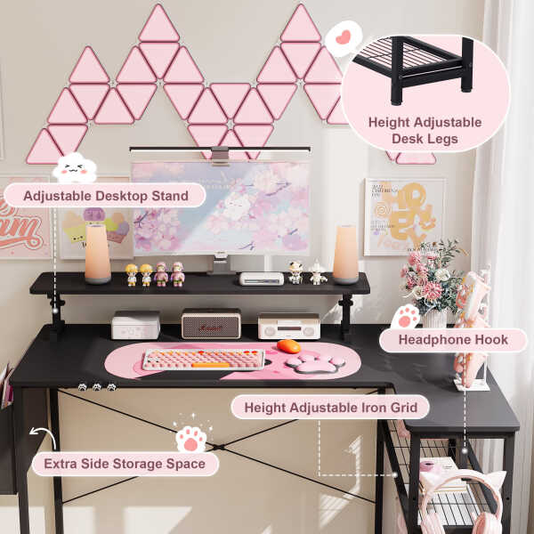 Dowinx 43" L-Shaped Gaming Desk Cute with Cat Accessories, Corner Desk with Power Outlet & Monitor Shelf for Adult and Girl,